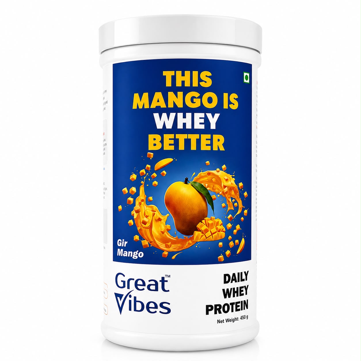 GreatVibes Mango Whey Protein jar