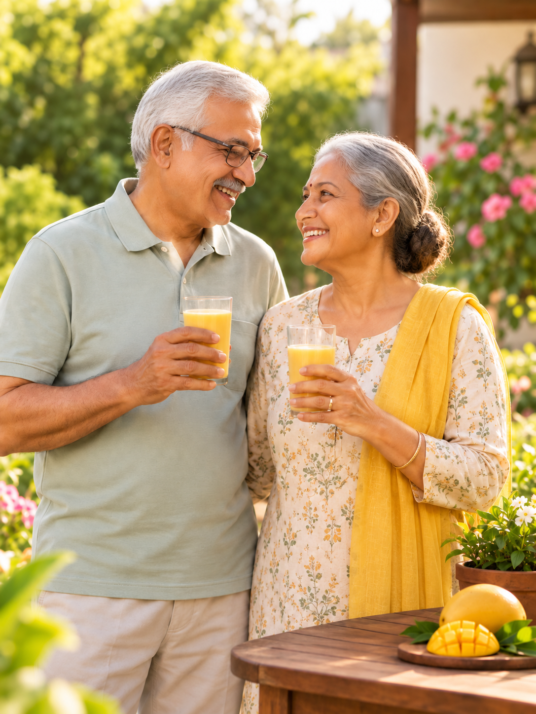 Active senior couple enjoying a mango drink