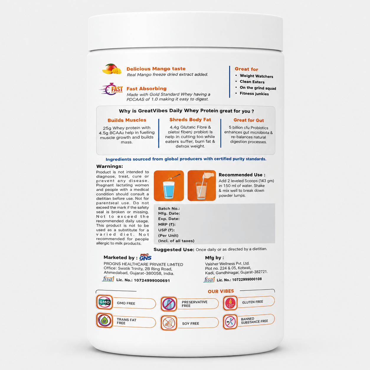 Great Vibes Gir Mango Daily Whey Protein directions for use infographic. Visual icons illustrate a 3-step guide: adding a single scoop of mango protein powder to a shaker cup with water or milk and mixing well for a smooth, clump-free protein shake.