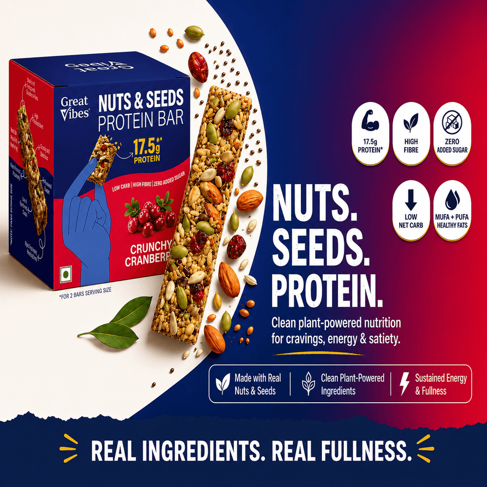 Great Vibes Crunchy Cranberry Nuts, Seeds, Protein bar banner. Features a protein bar, product box, and health benefits: 17.5g protein, high fibre, zero added sugar, low net carb, MUFA and PUFA healthy fats, and no artificial junk. Tagline reads Real Ingredients. Real Fullness.