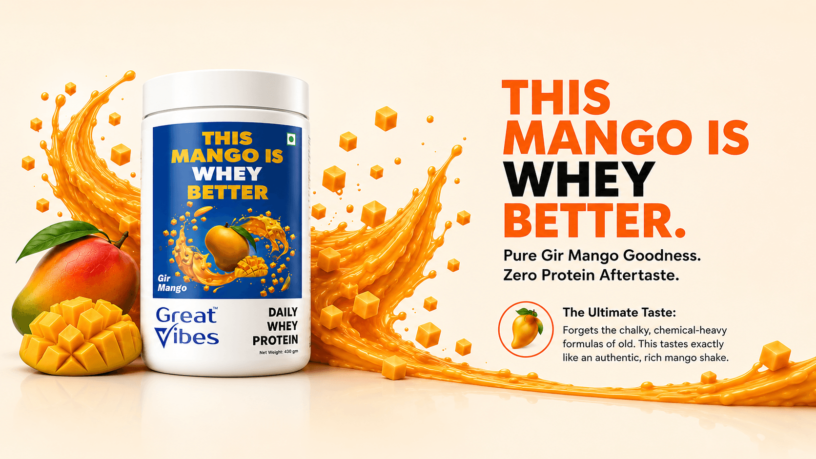 Great Vibes Daily Whey Protein main promotional banner titled This Mango Is Whey Better. Features a 430g jar of Gir Mango flavor next to a fresh sliced mango with dynamic liquid mango splashes and floating mango cubes. Explanatory text reads: Pure Gir Mango Goodness. Zero Protein Aftertaste. The Ultimate Taste: Forgets the chalky, chemical-heavy formulas of old. This tastes exactly like an authentic, rich mango shake.