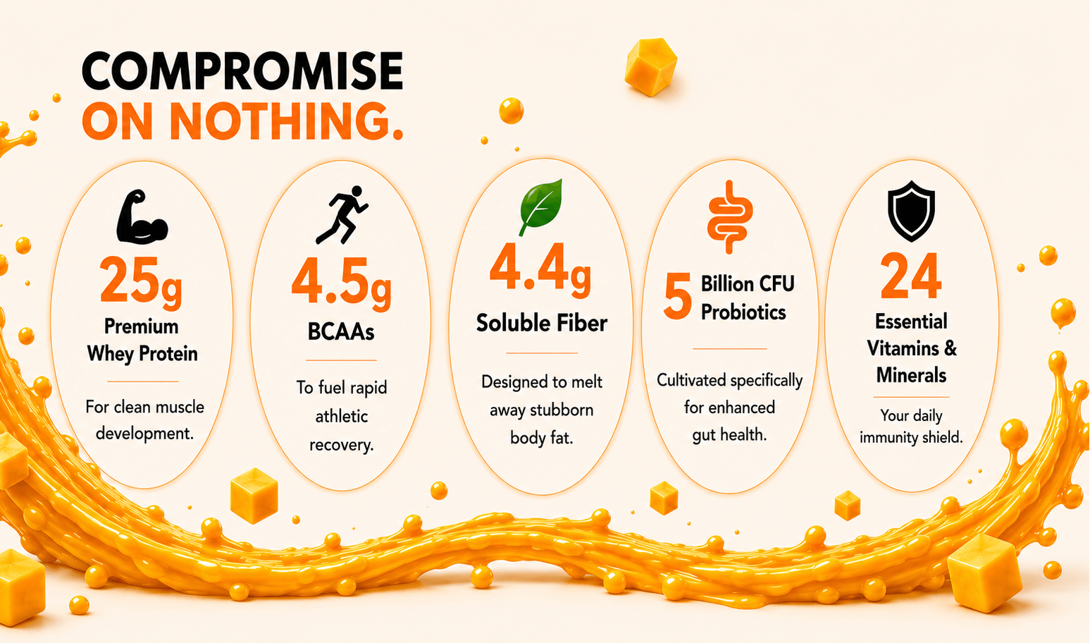 Great Vibes Daily Whey Protein nutritional profile banner displaying 25g premium whey protein, 4.5g BCAAs, 4.4g soluble fiber, 5 billion CFU probiotics, and 24 vitamins and minerals. The graphic highlights pillars for lean muscle building, fast workout recovery, gut wellness, and everyday immunity.