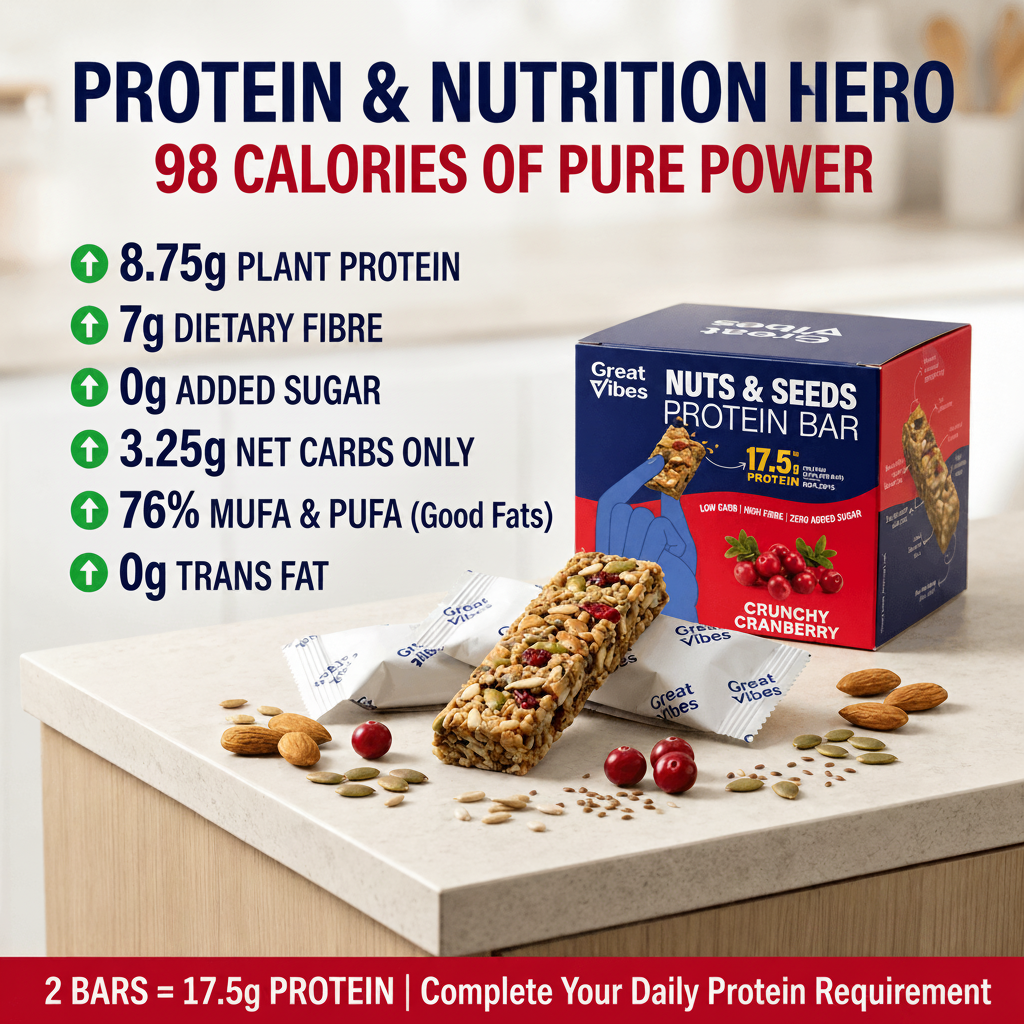 Great Vibes Crunchy Cranberry Nuts & Seeds Protein Bar nutrition infographic. Text highlights: 98 calories per serving, 8.75g plant protein, 7g dietary fibre, 0g added sugar, 3.25g net carbs, and 17.5g protein per 2 bars.