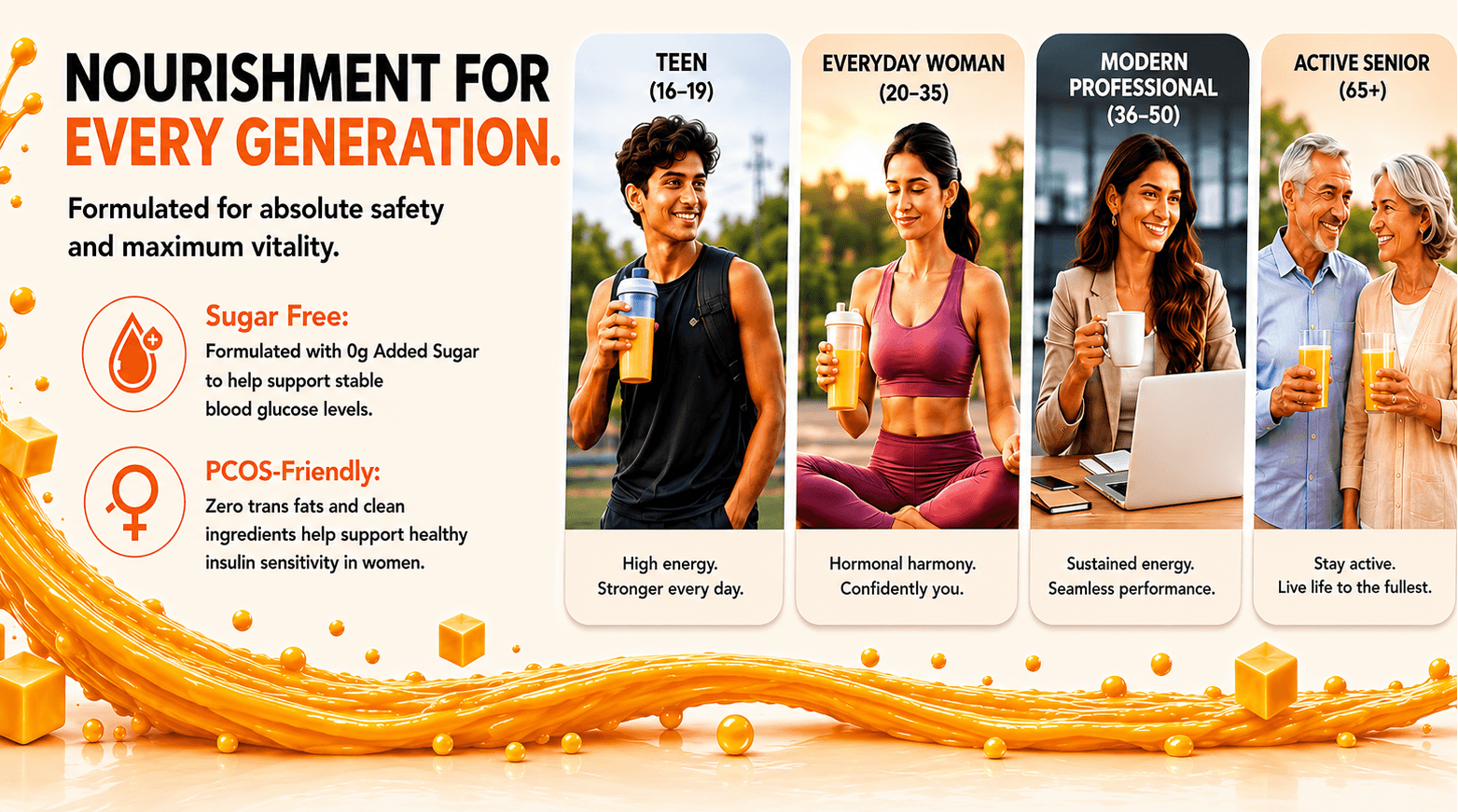 Great Vibes Daily Whey Protein banner titled Nourishment For Every Generation. Formulated for absolute safety and maximum vitality. Left column highlights features: Sugar Free (0g Added Sugar for stable blood glucose levels) and PCOS-Friendly (Zero trans fats and clean ingredients for healthy insulin sensitivity). 4 generational panels display: Teen (16–19) with high energy, Everyday Woman (20–35) for hormonal harmony, Modern Professional (36–50) for sustained energy, and Active Senior (65+) to stay active.