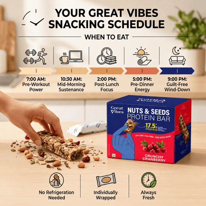 Great Vibes Snacking Schedule infographic for Nuts & Seeds Protein Bar. Shows timeline: 7:00 AM Pre-Workout, 10:30 AM Mid-Morning Sustenance, 2:00 PM Post-Lunch Focus, 5:00 PM Pre-Dinner Energy, 9:00 PM Guilt-Free Wind-Down. Bottom text features: No Refrigeration Needed, Individually Wrapped, Always Fresh.
