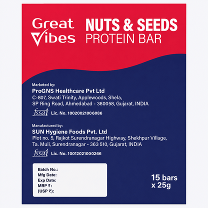 Great Vibes Nuts & Seeds Protein Bar red and blue back-of-pack label. Displays corporate details for ProGNS Healthcare Pvt Ltd. along with FSSAI license numbers for a box of 15 bars x 25g.
