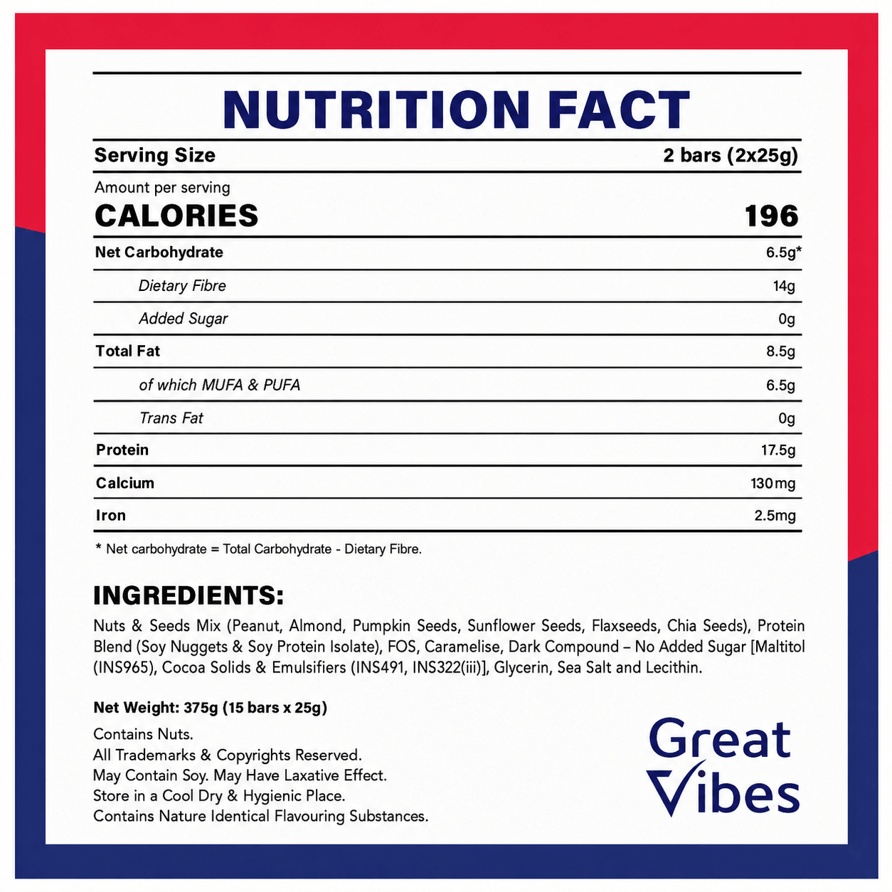 Nutrition Fact of Great vibes protein bar