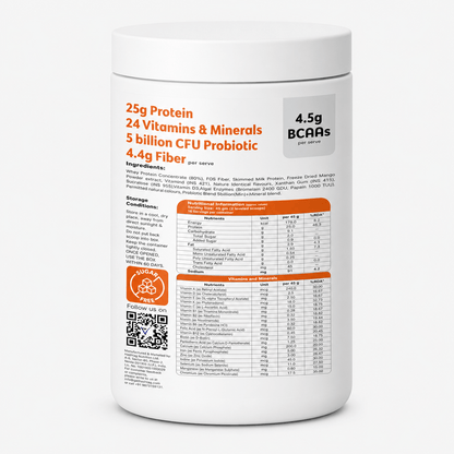 Detailed supplement facts label for Great Vibes Daily Whey Protein. Includes a full micro and macronutrient breakdown showcasing 25g protein, 4.4g fiber, low fat, and a comprehensive checklist of 24 daily essential vitamins and minerals.