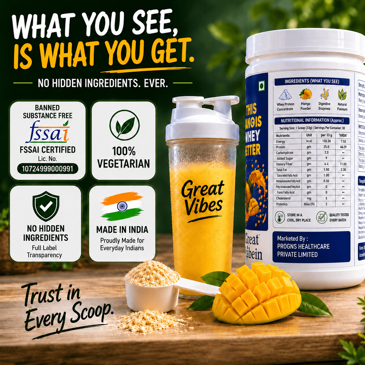 Great Vibes Mango Whey Protein powder infographic titled What You See, Is What You Get. Features trust badges: FSSAI Certified Banned Substance Free (Lic. No. 10724999000991), 100% Vegetarian, No Hidden Ingredients, and Made in India. Nutrition panel per 33g scoop highlights 25g Protein, 150.30 kcal Energy, 0g Added Sugar, 2 Billion CFU Probiotics, and digestive enzymes. 