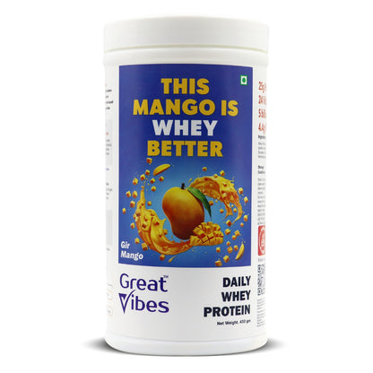Great Vibes Mango Flavored Whey Protein Powder| 25g Protein, 4.5g BCAA & 5B CFU Probiotics & Digestive Enzymes | Zero Sugar Protein Powder for Men & Women For Muscle Gain, Weight Loss & Gut Health - 430gm