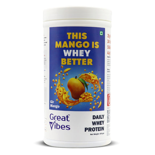 Great Vibes Mango Flavored Whey Protein Powder| 25g Protein, 4.5g BCAA & 5B CFU Probiotics & Digestive Enzymes | Zero Sugar Protein Powder for Men & Women For Muscle Gain, Weight Loss & Gut Health - 430gm