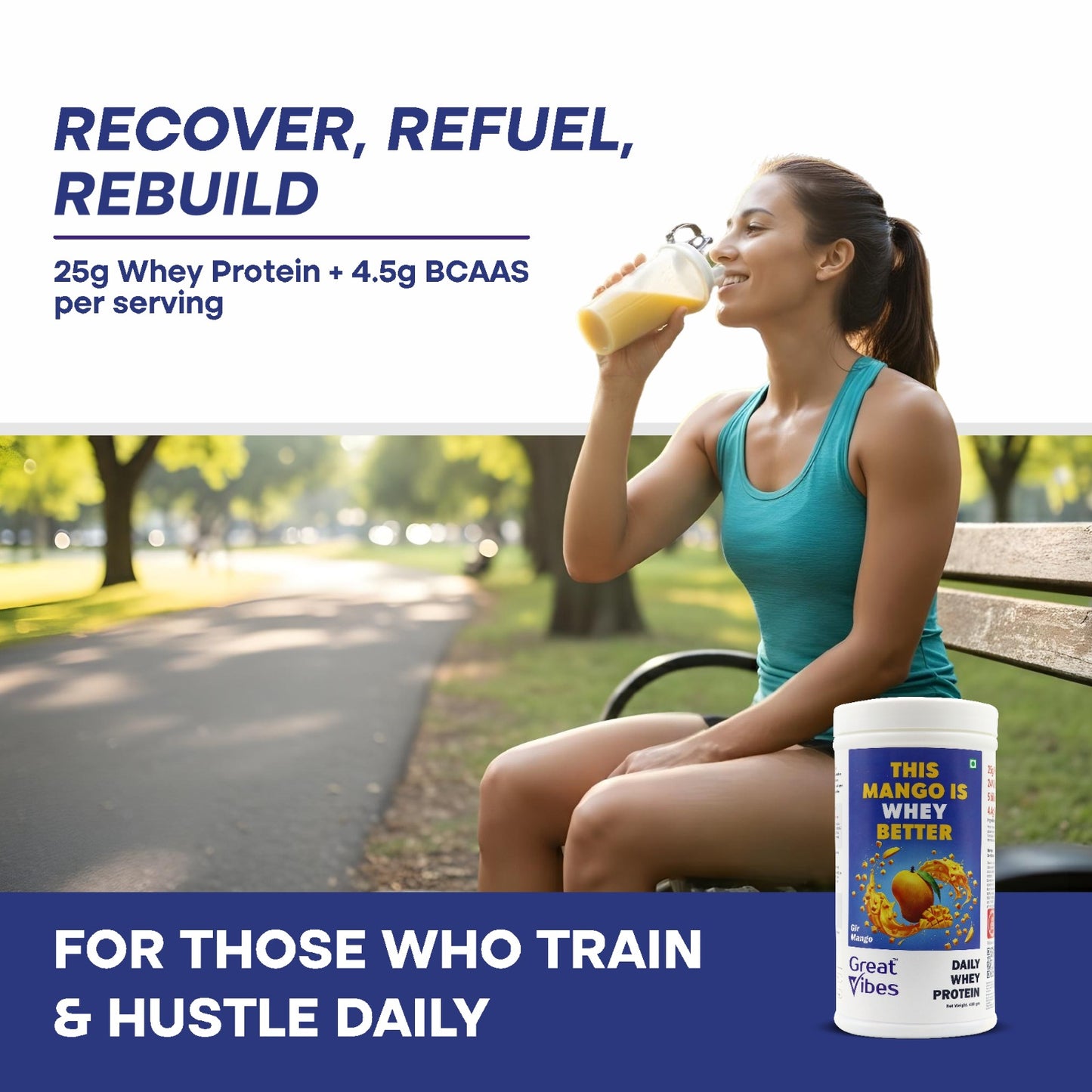 Great Vibes Mango Flavored Whey Protein Powder| 25g Protein, 4.5g BCAA & 5B CFU Probiotics & Digestive Enzymes | Zero Sugar Protein Powder for Men & Women For Muscle Gain, Weight Loss & Gut Health - 430gm