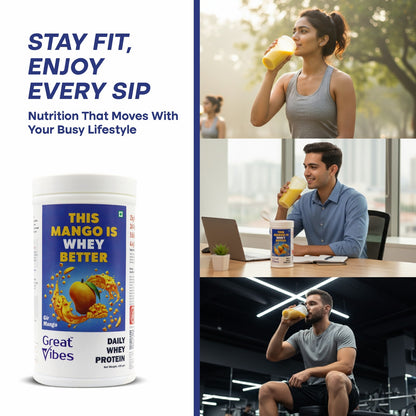 Great Vibes Mango Flavored Whey Protein Powder| 25g Protein, 4.5g BCAA & 5B CFU Probiotics & Digestive Enzymes | Zero Sugar Protein Powder for Men & Women For Muscle Gain, Weight Loss & Gut Health - 430gm
