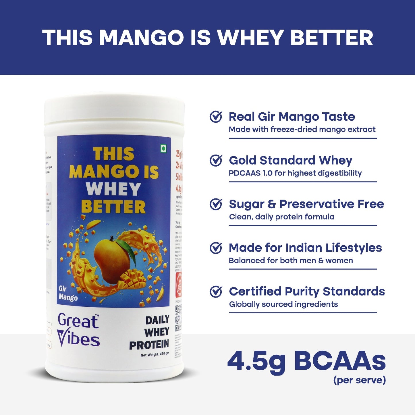 Great Vibes Mango Flavored Whey Protein Powder| 25g Protein, 4.5g BCAA & 5B CFU Probiotics & Digestive Enzymes | Zero Sugar Protein Powder for Men & Women For Muscle Gain, Weight Loss & Gut Health - 430gm