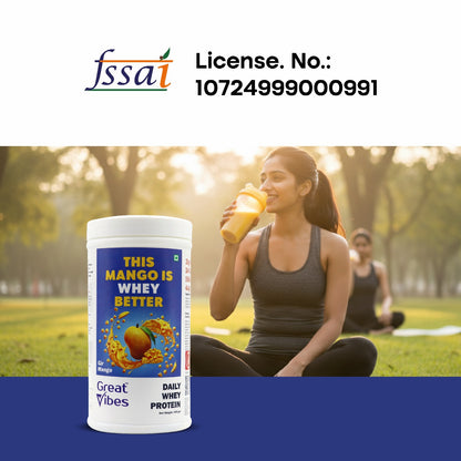 Great Vibes Mango Flavored Whey Protein Powder| 25g Protein, 4.5g BCAA & 5B CFU Probiotics & Digestive Enzymes | Zero Sugar Protein Powder for Men & Women For Muscle Gain, Weight Loss & Gut Health - 430gm