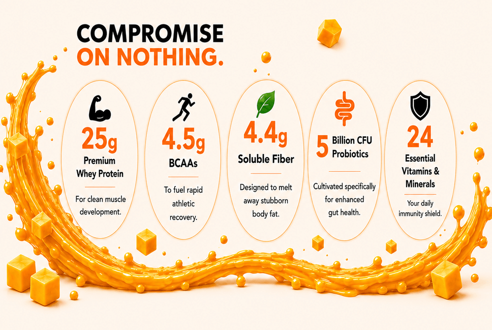Great Vibes Daily Whey Protein nutritional profile banner displaying 25g premium whey protein, 4.5g BCAAs, 4.4g soluble fiber, 5 billion CFU probiotics, and 24 vitamins and minerals. The graphic highlights pillars for lean muscle building, fast workout recovery, gut wellness, and everyday immunity.