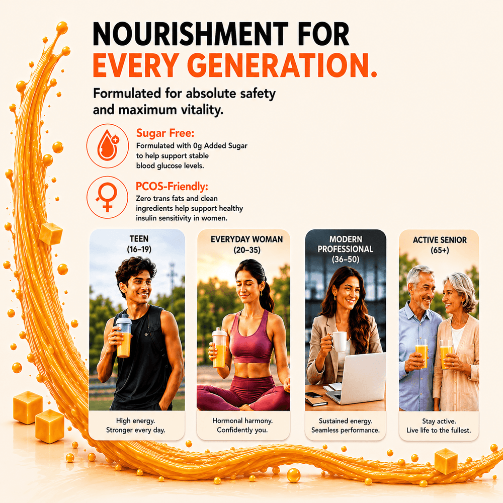 Great Vibes Daily Whey Protein banner titled Nourishment For Every Generation. Formulated for absolute safety and maximum vitality. Left column highlights features: Sugar Free (0g Added Sugar for stable blood glucose levels) and PCOS-Friendly (Zero trans fats and clean ingredients for healthy insulin sensitivity). 4 generational panels display: Teen (16–19) with high energy, Everyday Woman (20–35) for hormonal harmony, Modern Professional (36–50) for sustained energy, and Active Senior (65+) to stay active.